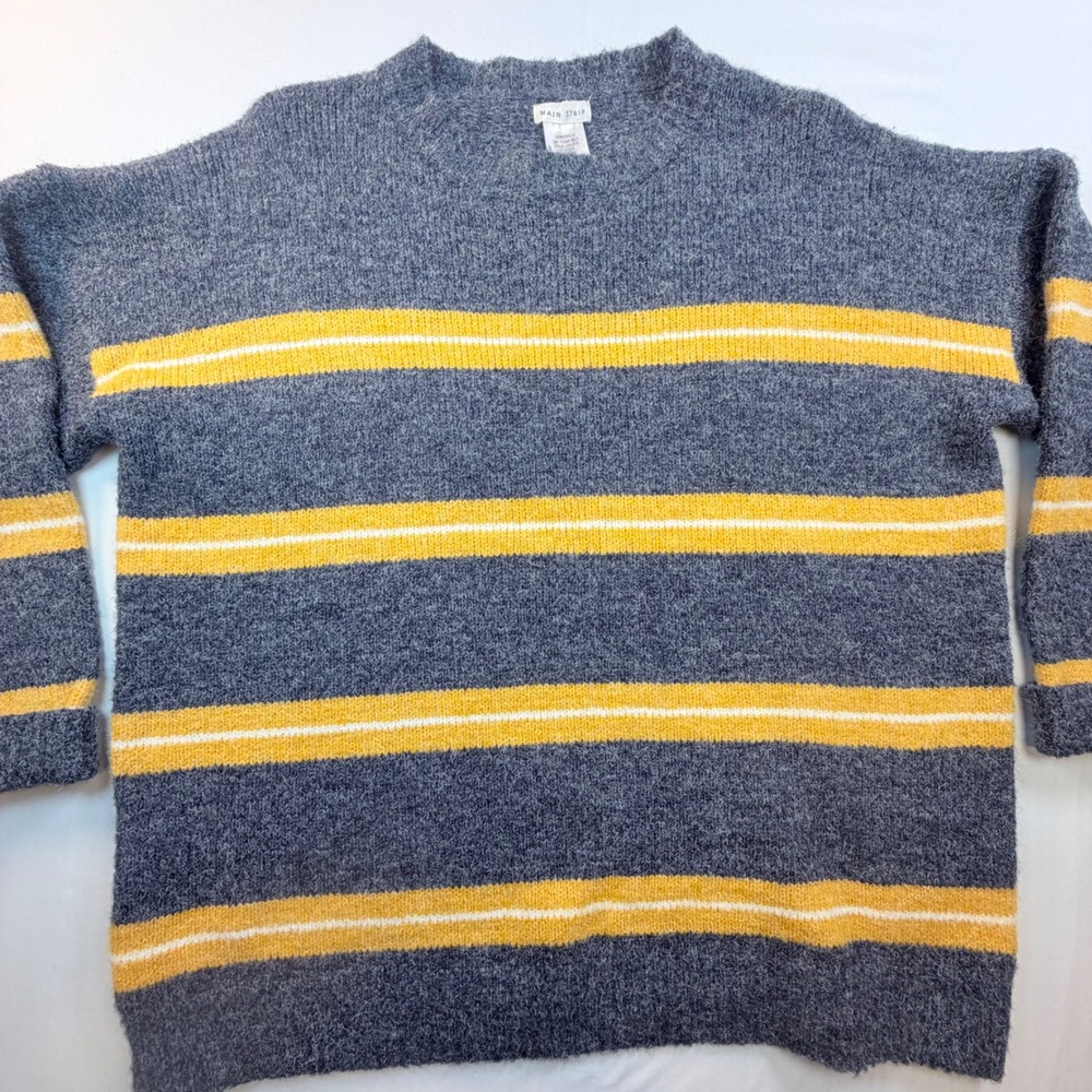 Main Strip Fuzzy Striped Sweater Mens Large Gray Yellow Grunge Skater Y2K